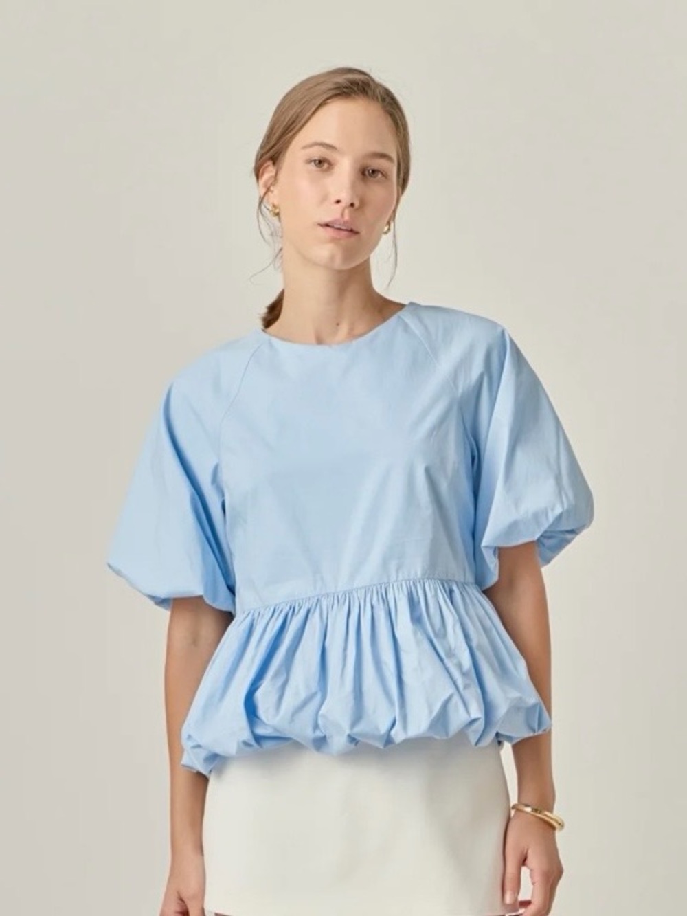 English Factory Sky Blue Puff-Sleeve Peplum Blouse - Picture 1 of 4